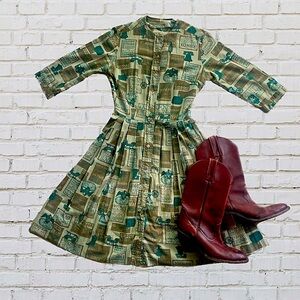 SOLD 1950s three quarter length sleeve western themed Day Dress